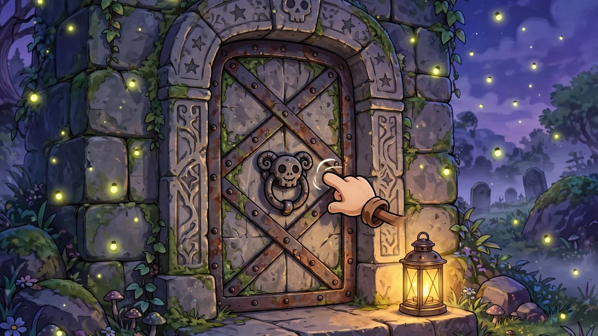 Cartoon stone crypt door at dusk with a friendly hand knocking, warm lantern light — knock-knock cemetery jokes illustration