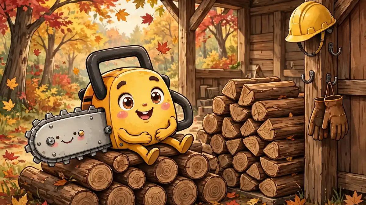Cheerful cartoon chainsaw resting on a log pile beside stacked firewood and autumn trees — chainsaw puns illustration