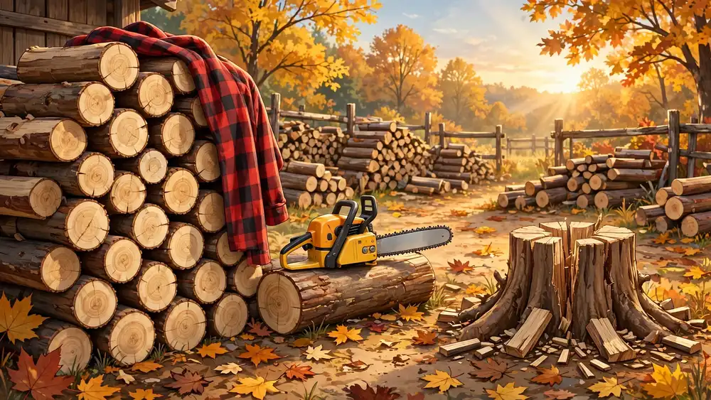Cartoon chainsaw resting on a log beside fresh rounds and a woodpile at golden hour — classic chainsaw puns illustration
