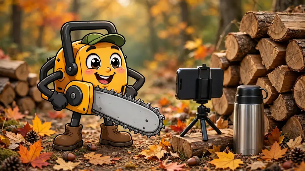 Cartoon chainsaw posing for a smartphone photo by the woodpile — chainsaw captions illustration