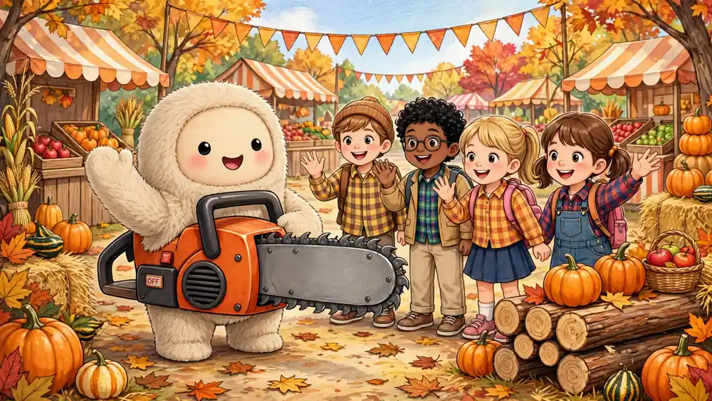 Cartoon chainsaw greeting happy school children at an autumn harvest festival — chainsaw jokes for kids illustration