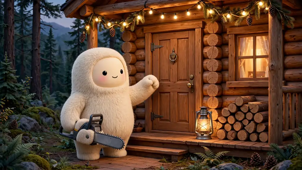 Cartoon chainsaw knocking at a cozy log cabin door with a lantern on the porch — knock-knock chainsaw jokes illustration