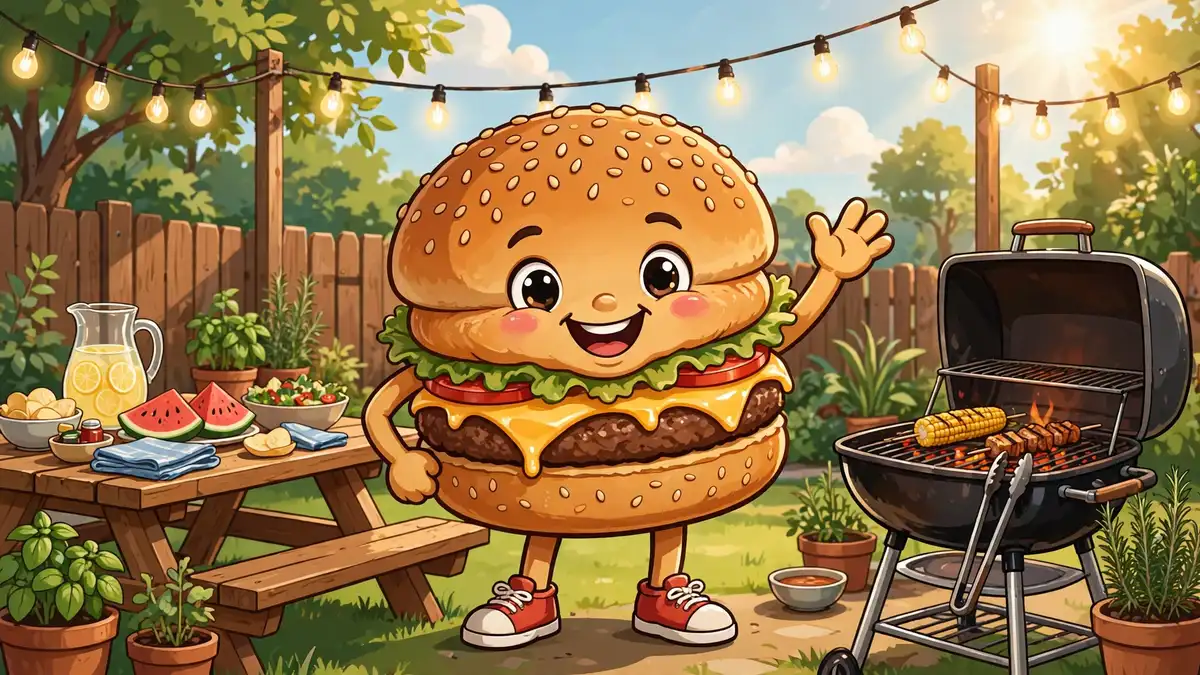 Cheerful cartoon cheeseburger smiling at a sunny backyard cookout — cheeseburger puns illustration