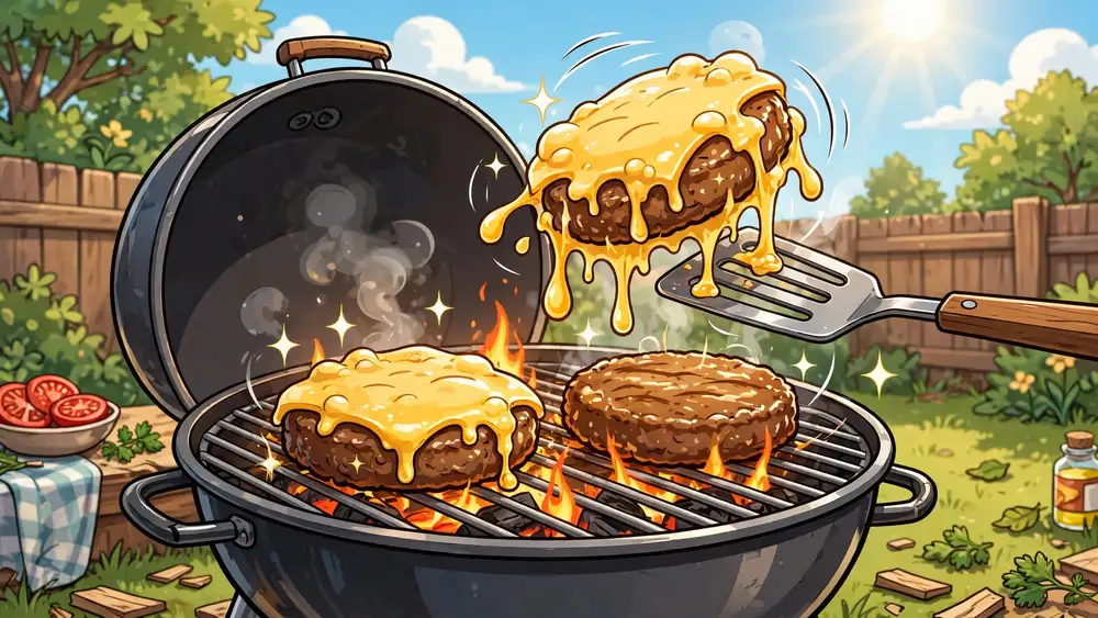 Cartoon patties sizzling on a backyard grill with cheese melting on top — classic cheeseburger puns illustration