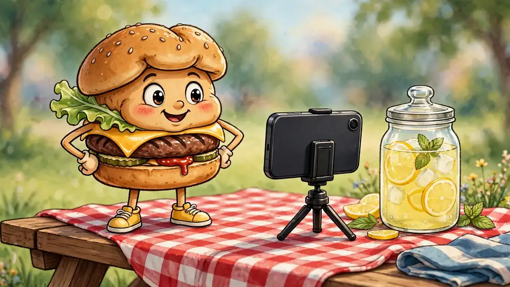 Cartoon cheeseburger posing for a smartphone photo at a picnic table — cheeseburger captions illustration
