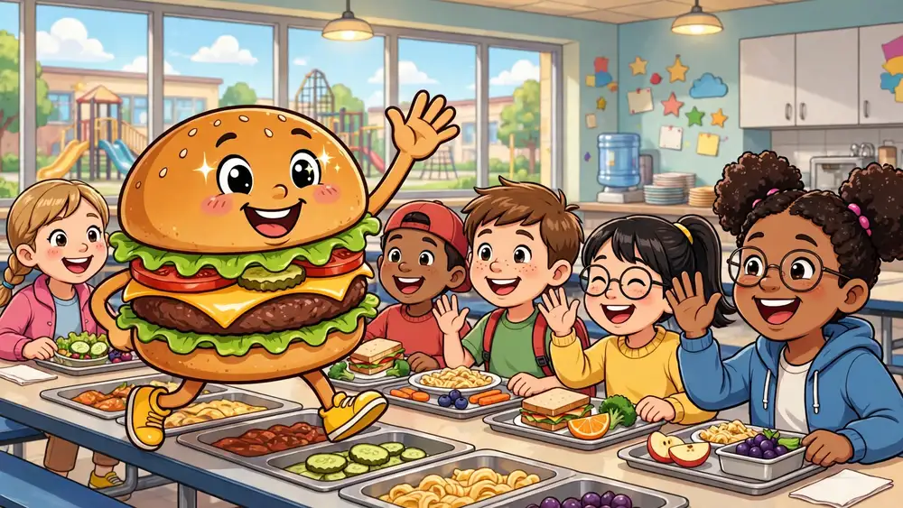 Cartoon cheeseburger greeting happy school children in a cafeteria — cheeseburger jokes for kids illustration