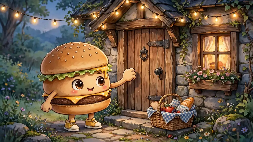 Cartoon cheeseburger knocking at a cozy cottage door with a picnic basket — knock-knock cheeseburger jokes illustration