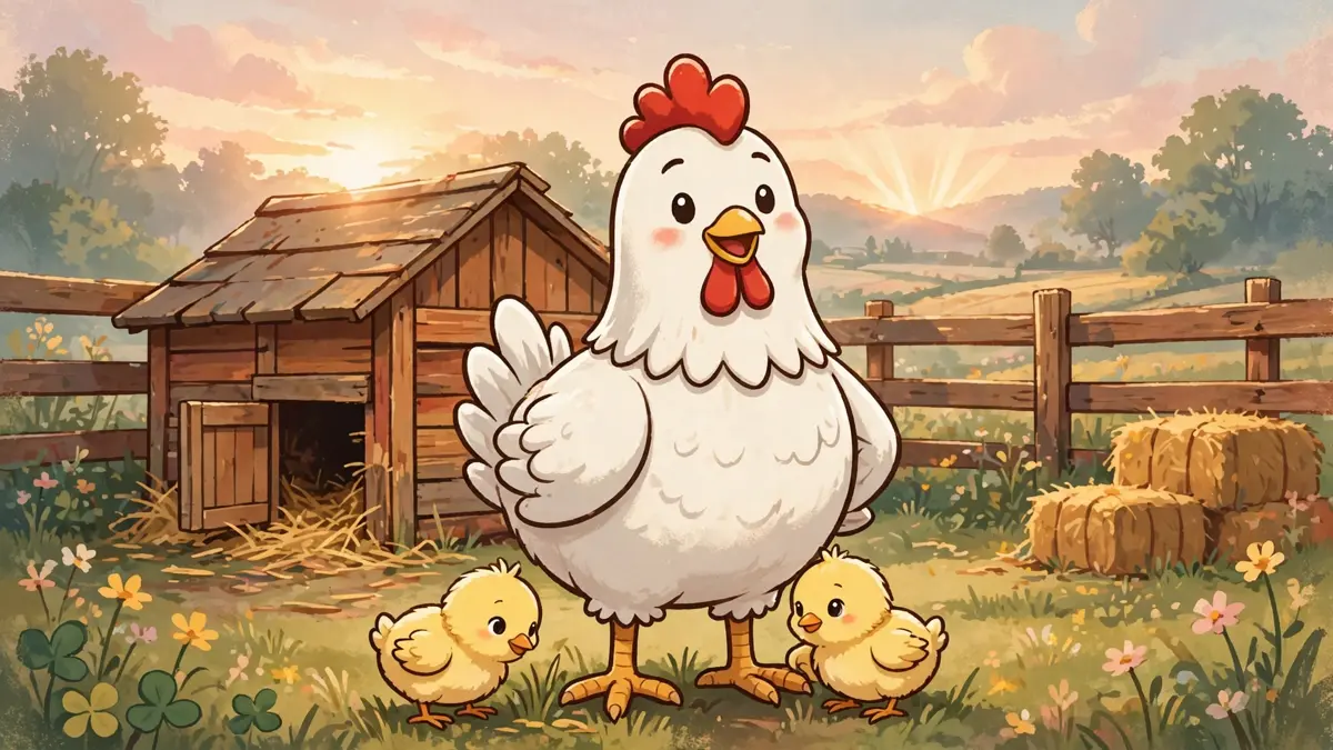 Cheerful cartoon hen character standing in a sunny farmyard at dawn — chicken puns illustration