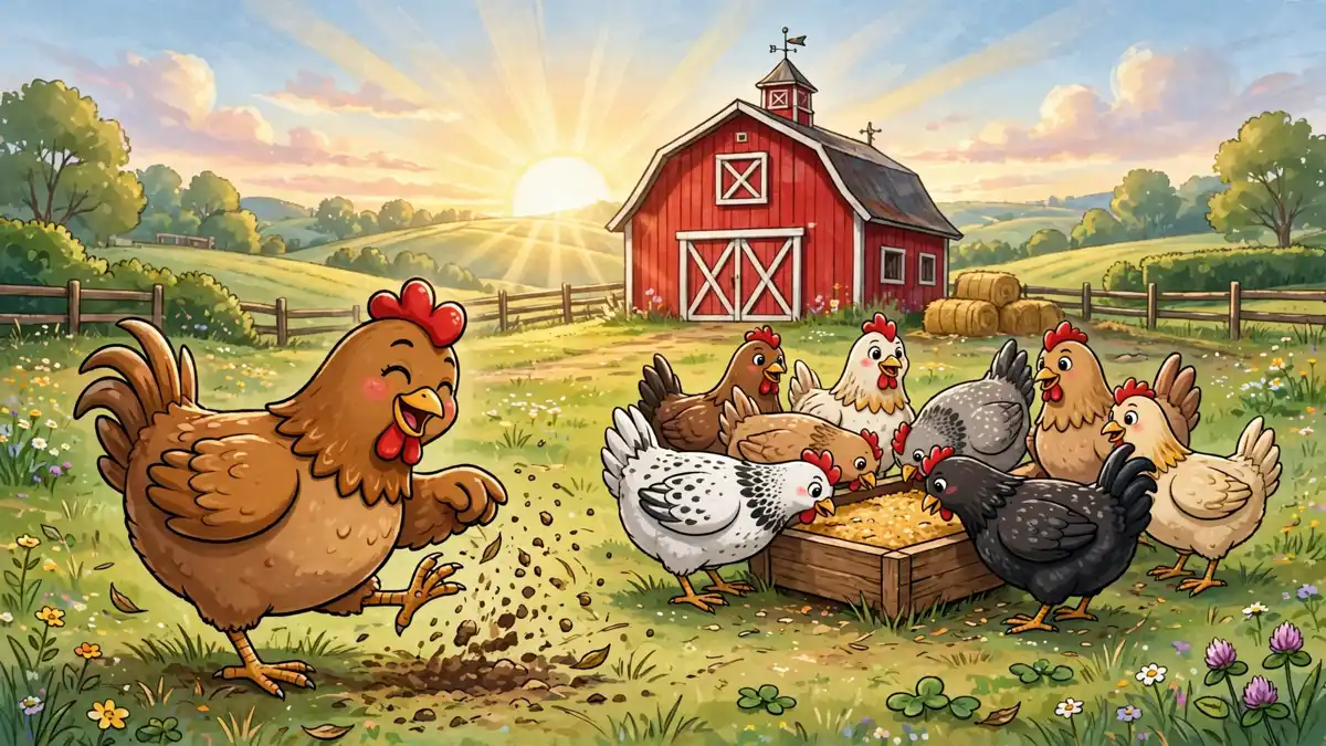 Cartoon hen and her flock scratching in a sunny farmyard — classic chicken puns illustration