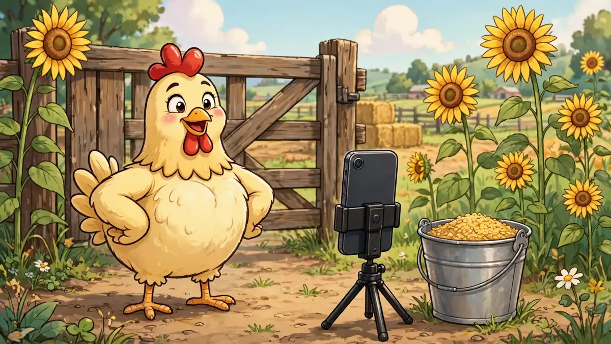 Cartoon hen posing for a smartphone photo at the farm gate — chicken captions illustration
