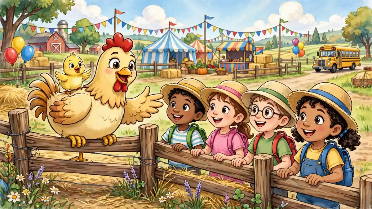 Cartoon hen greeting happy school children at a farm visit — chicken jokes for kids illustration