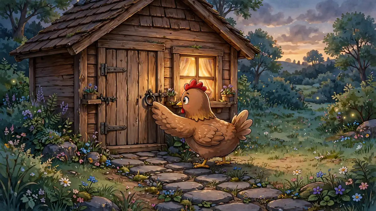 Cartoon hen knocking at a cozy coop door at dusk — knock-knock chicken jokes illustration