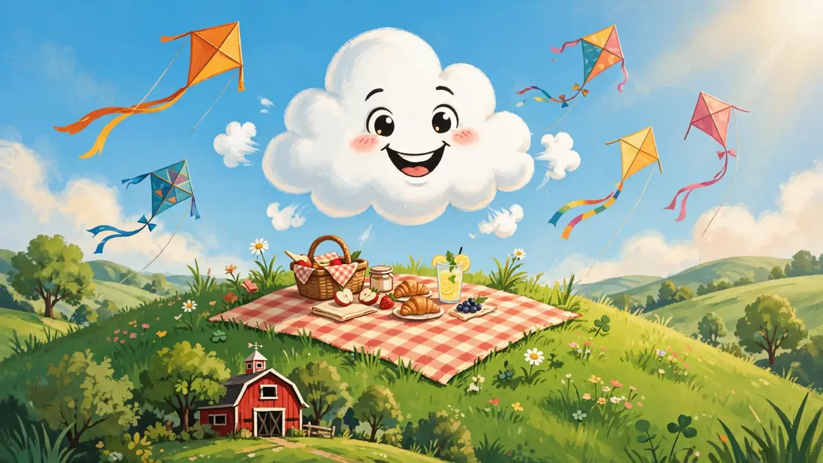 Cheerful cartoon cloud character floating over a sunny hilltop picnic — cloud puns illustration