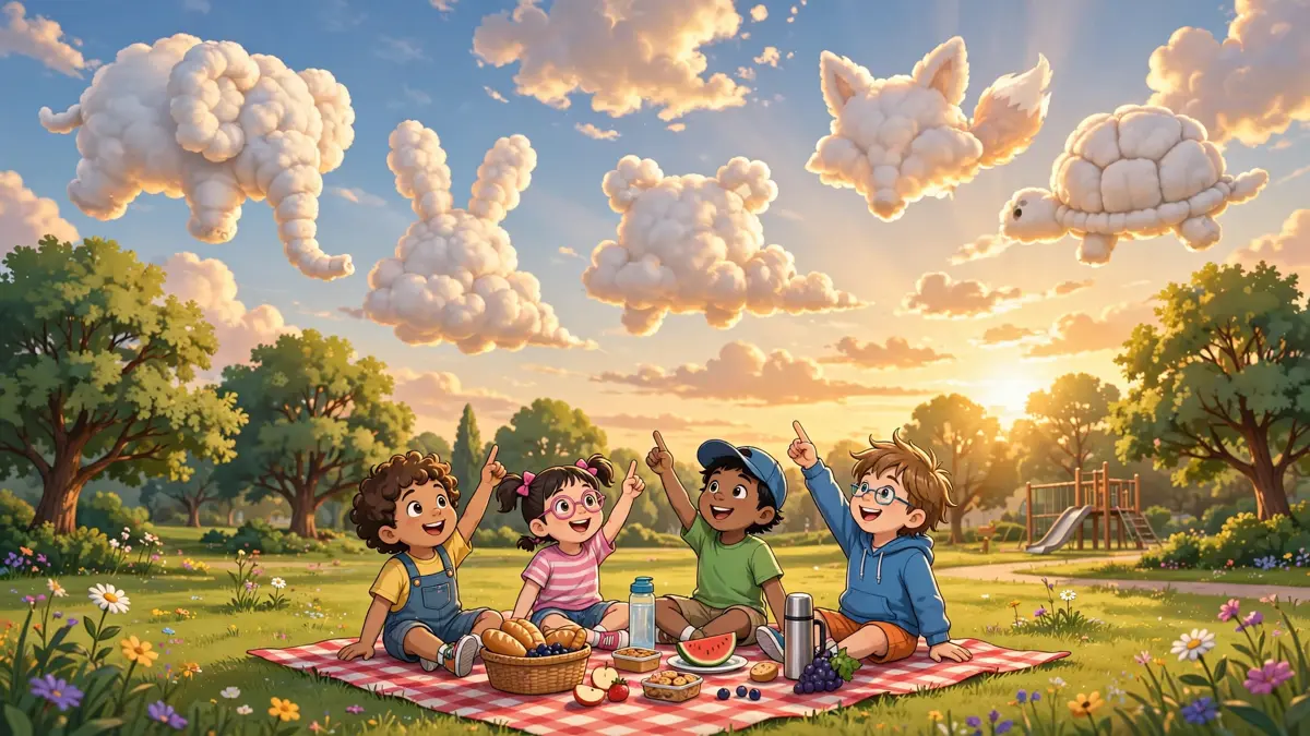 Cartoon cumulus clouds shaped like animals drifting over a park picnic — classic cloud puns illustration