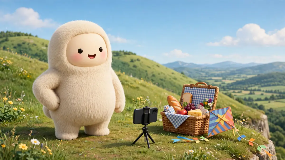 Cartoon cloud character posing for a smartphone photo on a hilltop — cloud captions illustration
