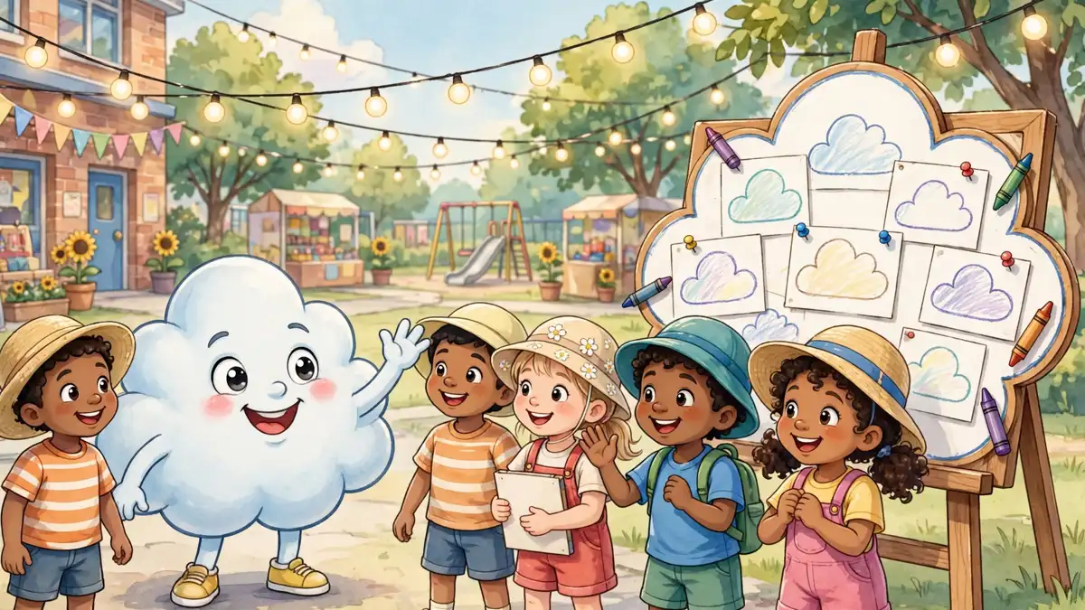 Cartoon cloud character greeting happy school children at a school yard fair — cloud jokes for kids illustration