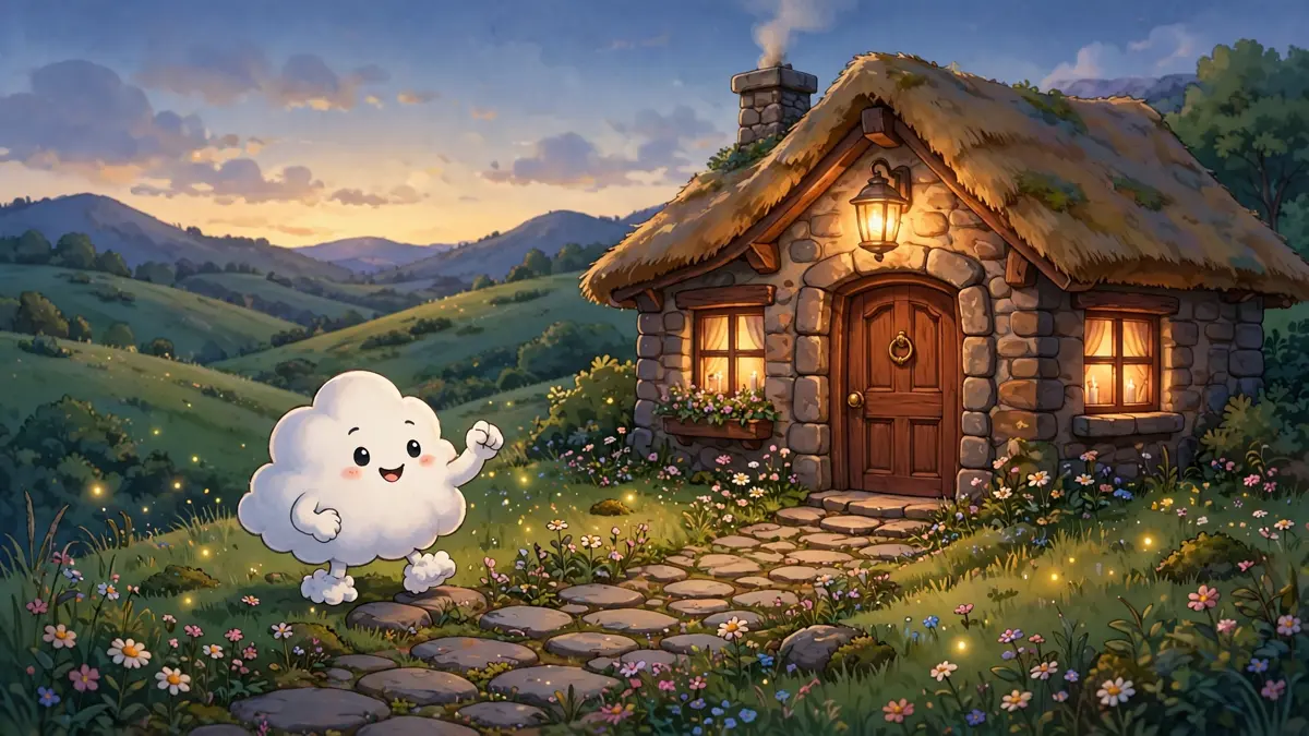 Cartoon cloud character knocking at a cozy hilltop cottage door — knock-knock cloud jokes illustration