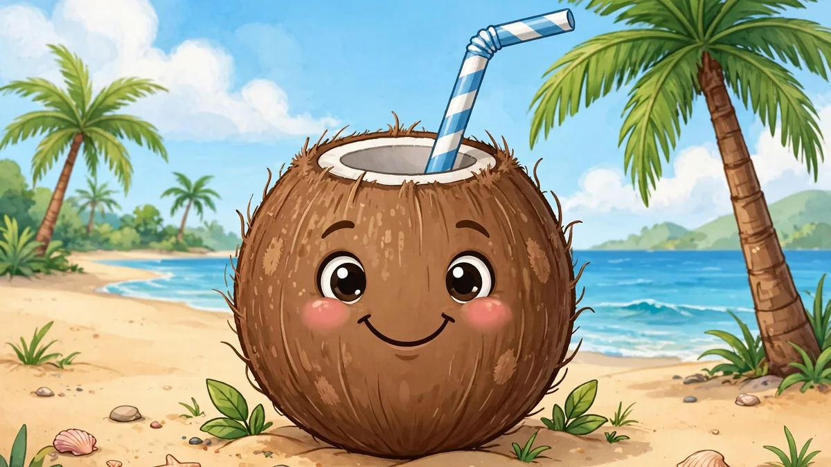 Smiling cartoon coconut with a straw on a sunny tropical beach, palm trees behind — coconut puns illustration