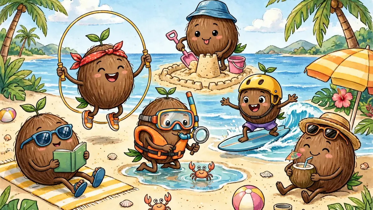 Playful cartoon coconut characters having fun on a tropical beach — classic coconut jokes illustration