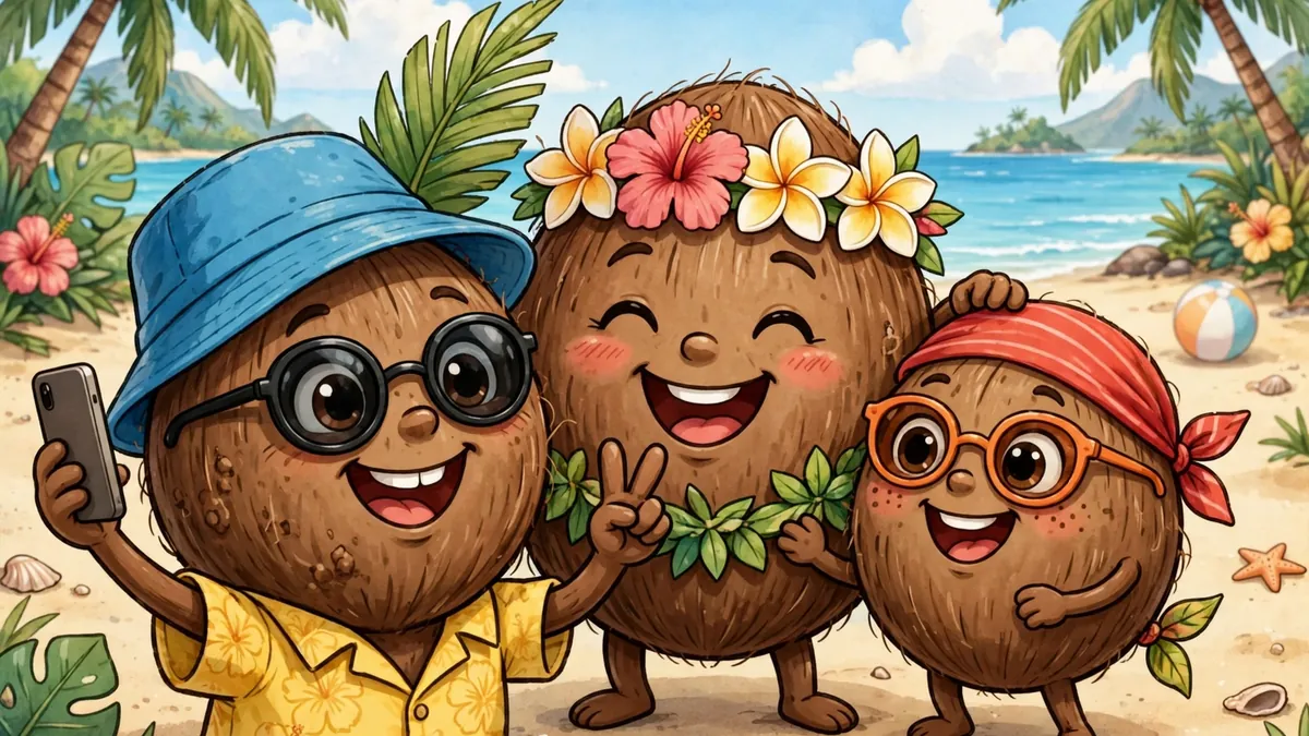 Three cheerful cartoon coconut characters taking a selfie on a tropical beach — coconut captions illustration