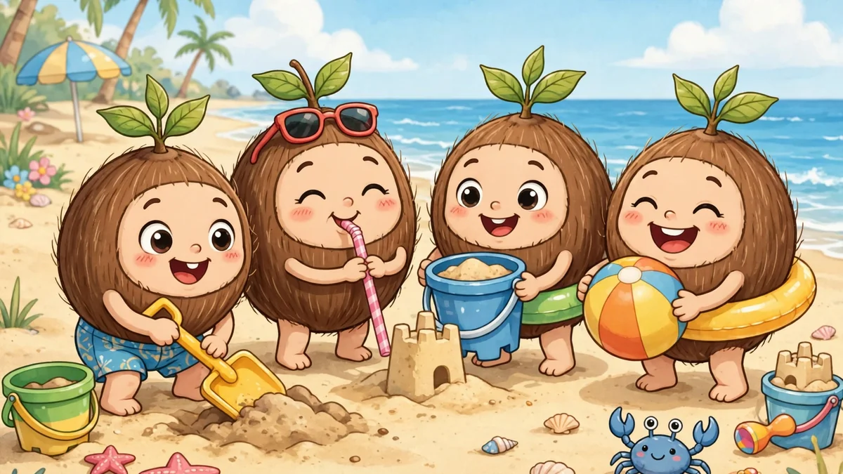 Adorable cartoon baby coconuts playing with beach toys on a sunny beach — funny jokes for kids illustration