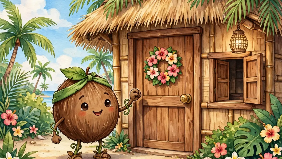 Cartoon coconut knocking on a wooden beach hut door — knock-knock coconut jokes illustration
