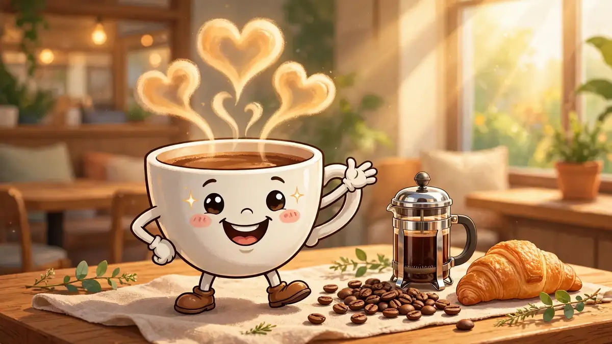 Cheerful cartoon coffee cup character with heart-shaped steam on a sunny café table — coffee puns illustration