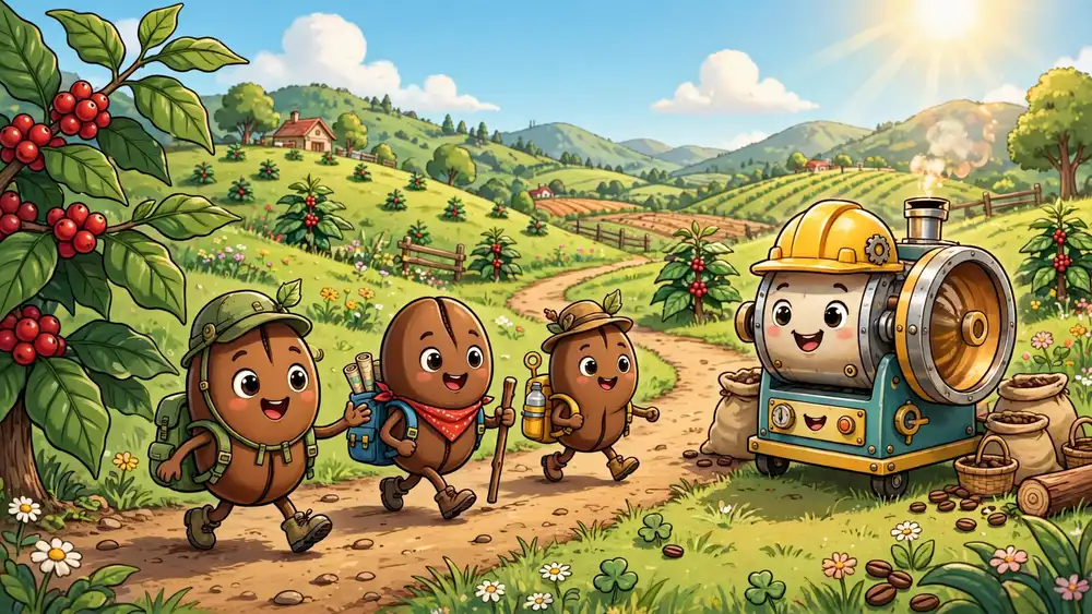 Cartoon coffee beans traveling from a coffee cherry to the roaster — classic coffee puns illustration