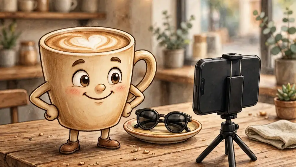 Cartoon coffee cup posing for a smartphone photo with latte art — coffee captions illustration
