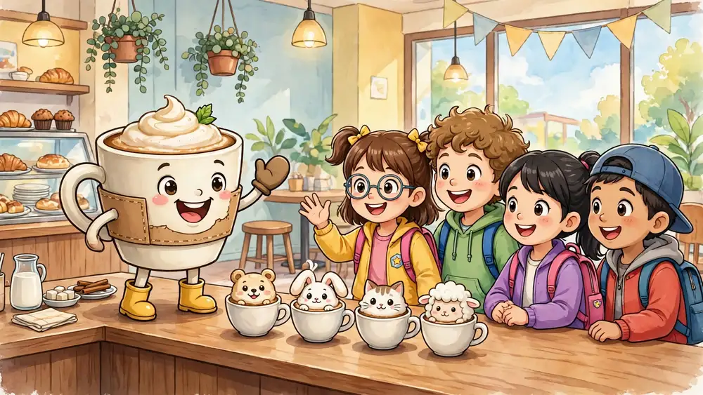 Cartoon coffee cup greeting happy school children at a café counter — coffee jokes for kids illustration