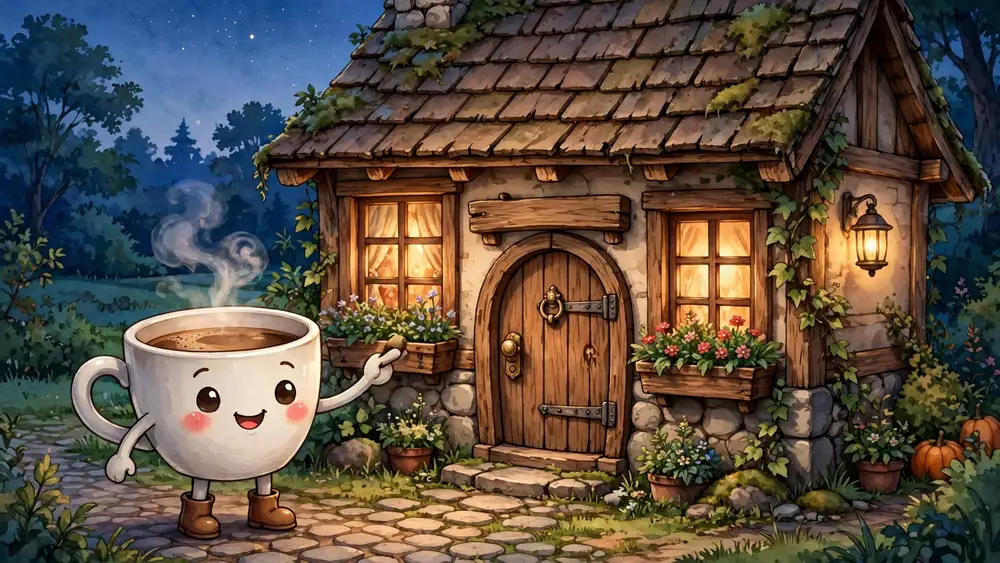 Cartoon coffee cup knocking at a cozy café door — knock-knock coffee jokes illustration