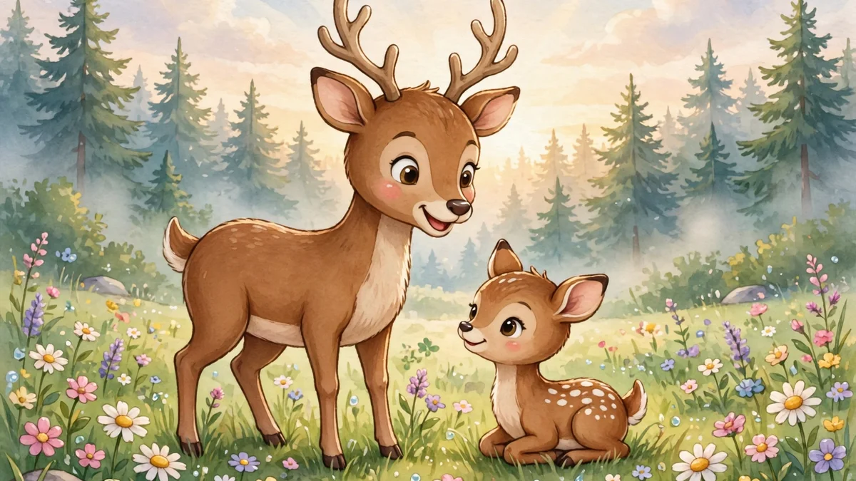 Cheerful cartoon deer character standing in a sunny meadow — deer puns illustration