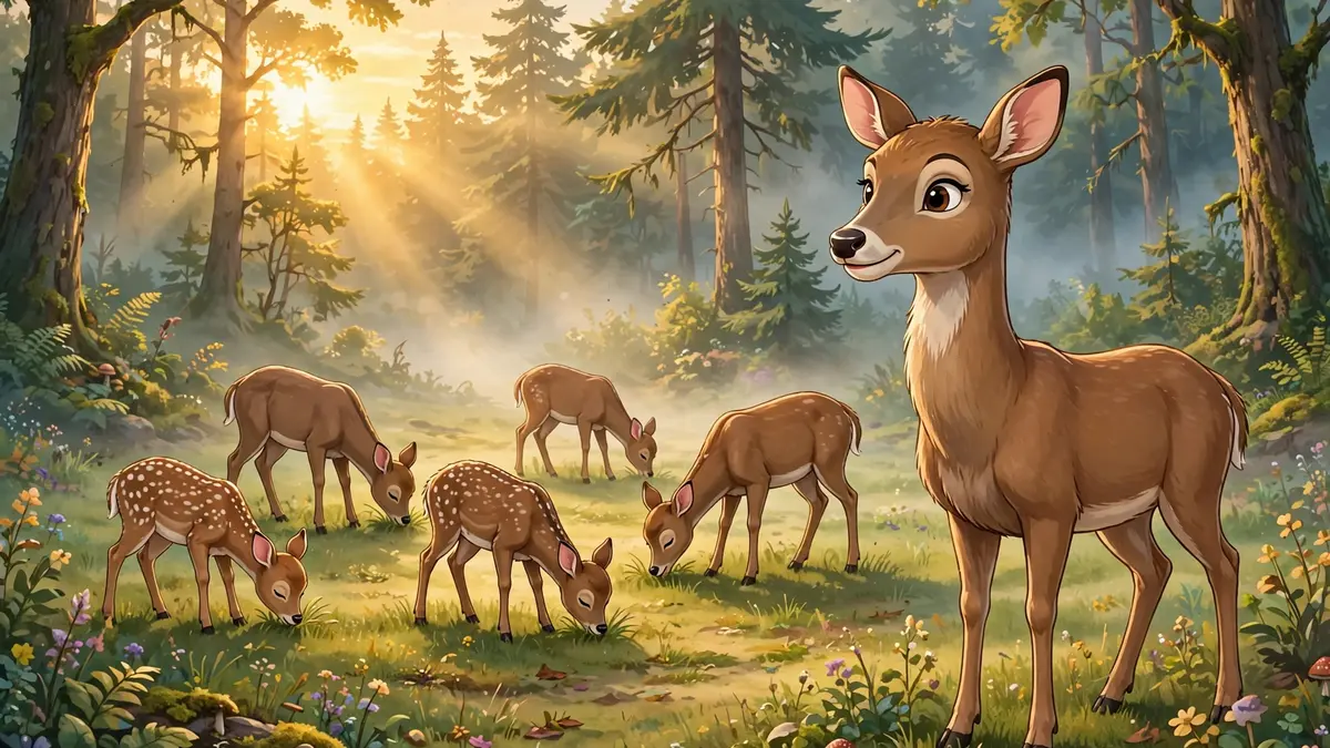 Cartoon deer herd grazing in a forest clearing at sunrise — classic deer puns illustration