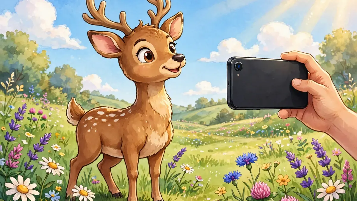 Cartoon deer posing for a smartphone photo in the meadow — deer captions illustration