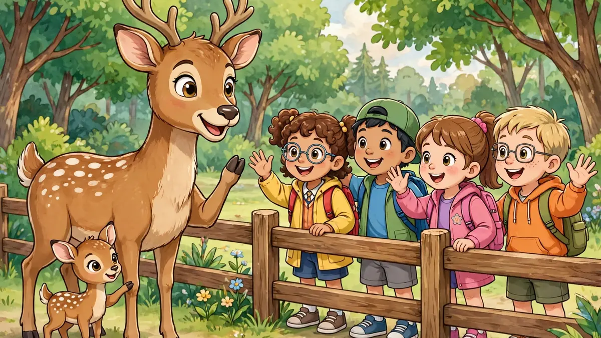Cartoon deer greeting happy school children on a park visit — deer jokes for kids illustration