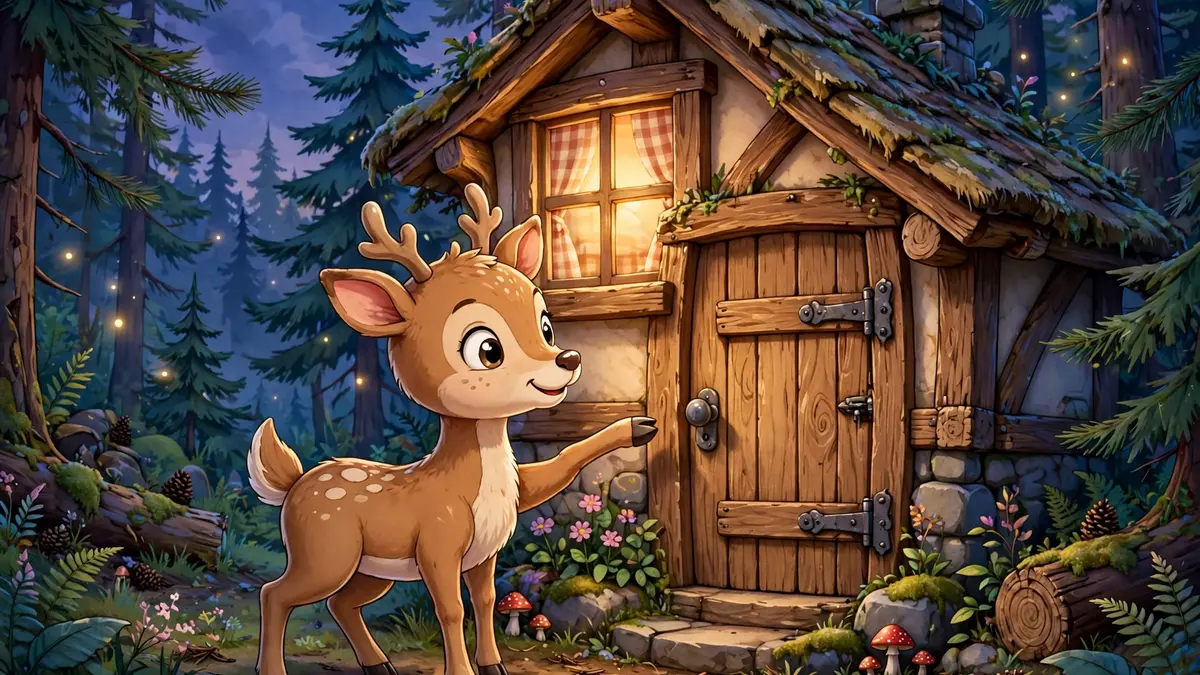 Cartoon deer knocking at a cozy cottage door at dusk — knock-knock deer jokes illustration