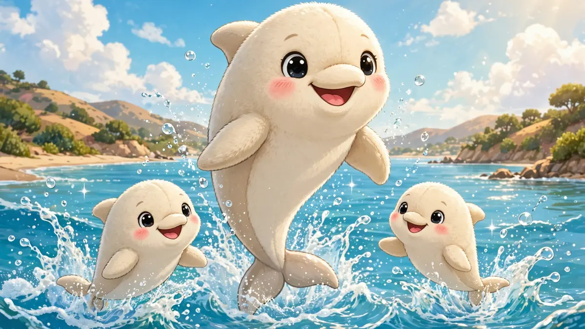 Cheerful cartoon dolphin character leaping from sunny turquoise water — dolphin puns illustration