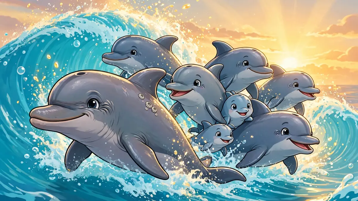 Cartoon dolphin pod surfing a bright wave together — classic dolphin puns illustration