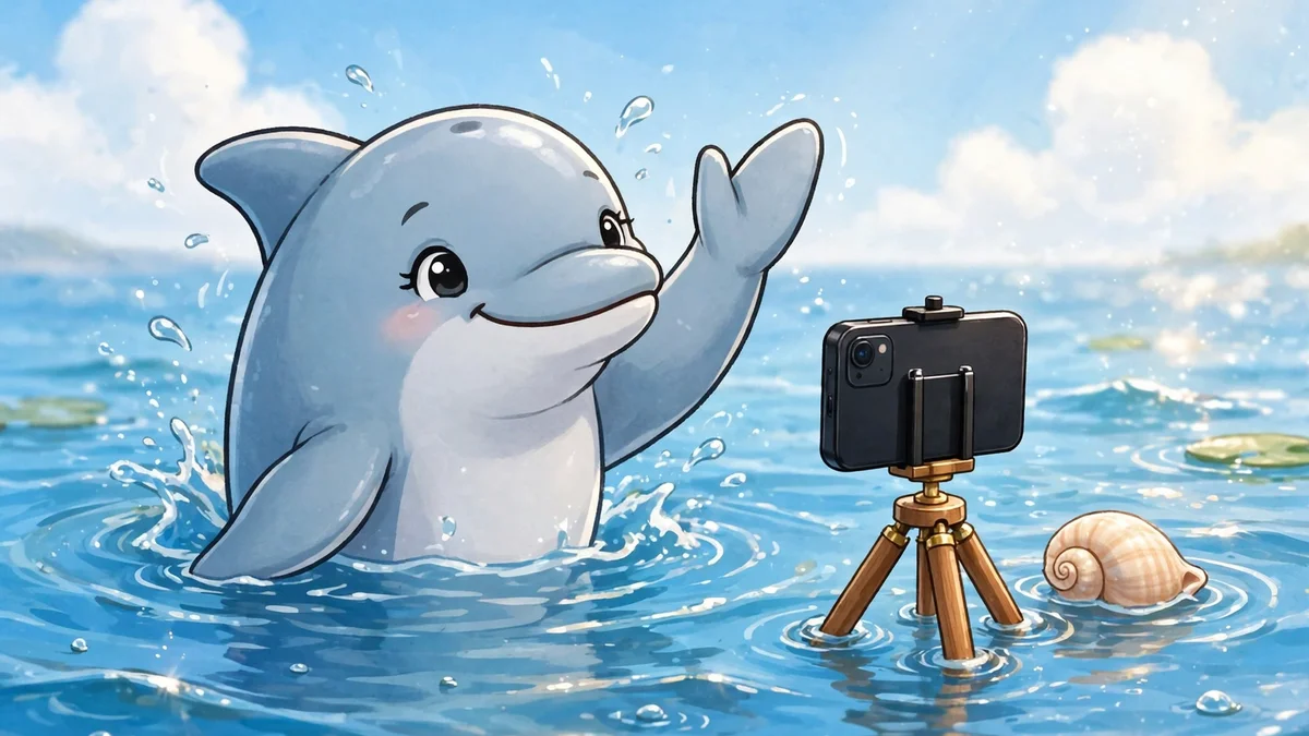 Cartoon dolphin posing for a smartphone photo at the surface — dolphin captions illustration