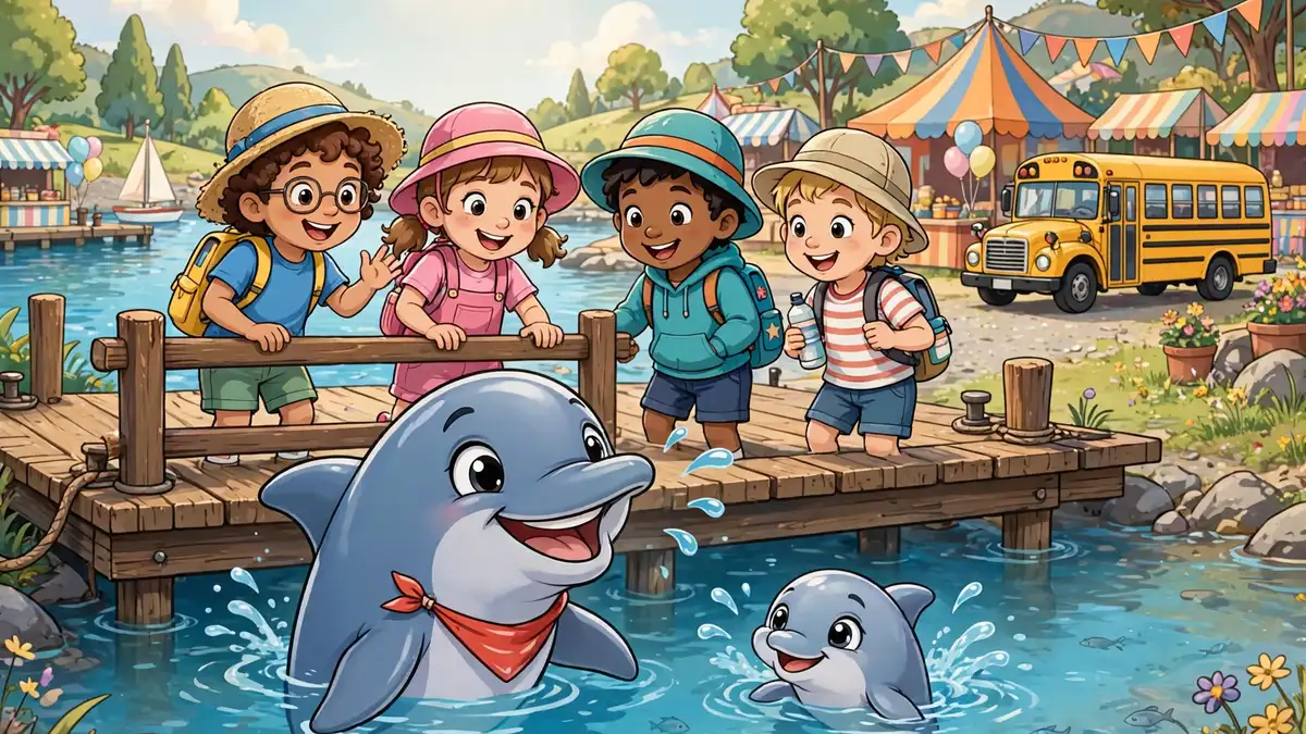 Cartoon dolphin greeting happy school children on a dock visit — dolphin jokes for kids illustration