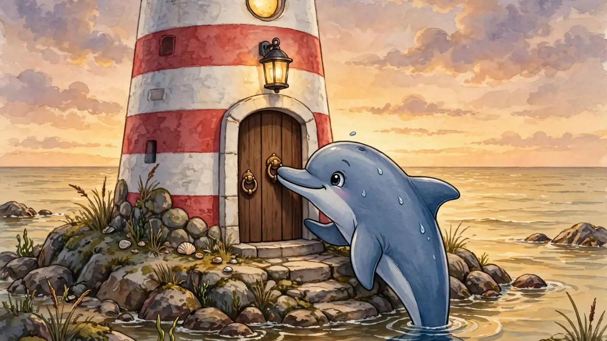 Cartoon dolphin knocking at a cozy lighthouse door at dusk — knock-knock dolphin jokes illustration