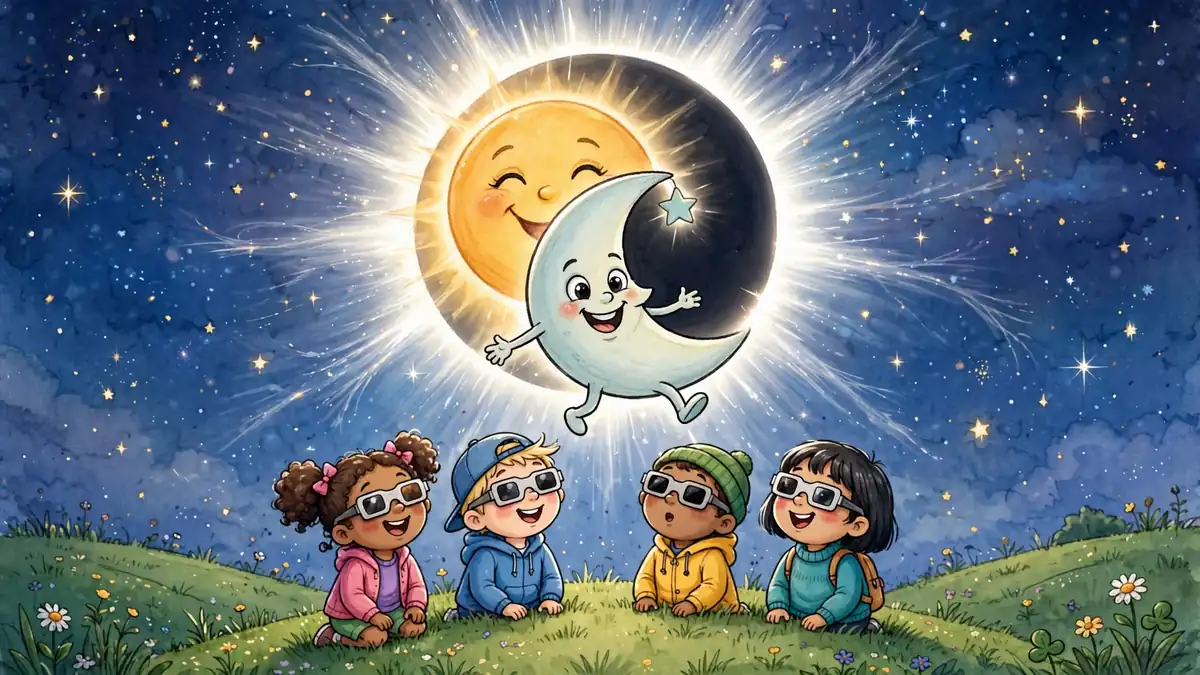 Cartoon moon stepping in front of a smiling sun during a total solar eclipse while kids in eclipse glasses watch — eclipse puns illustration