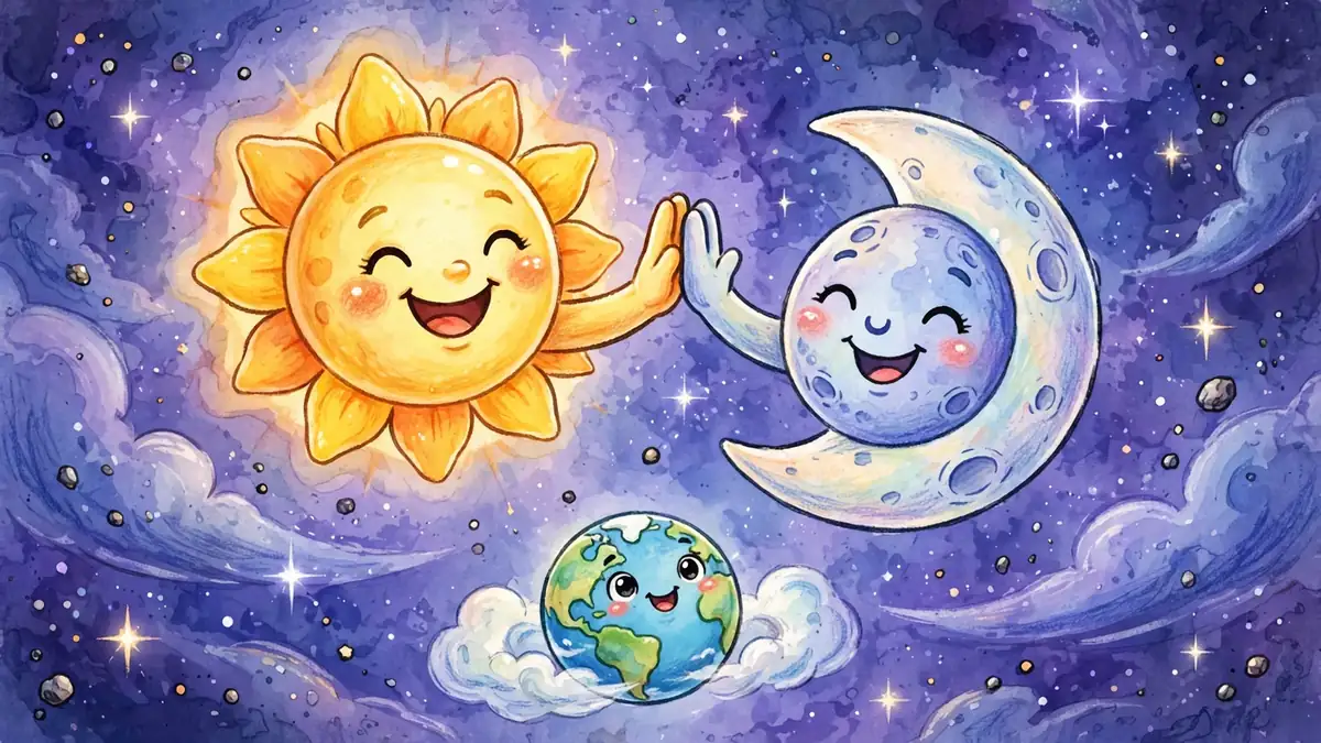 Cartoon moon and sun characters high-fiving in space above Earth — eclipse puns illustration