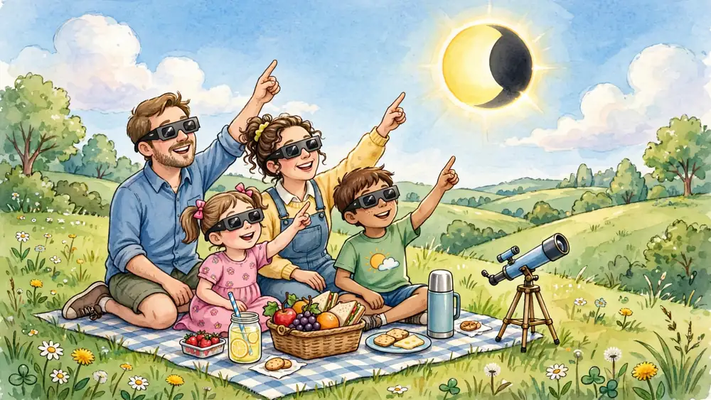 Cartoon family at an eclipse viewing party with a telescope and eclipse glasses — eclipse puns illustration