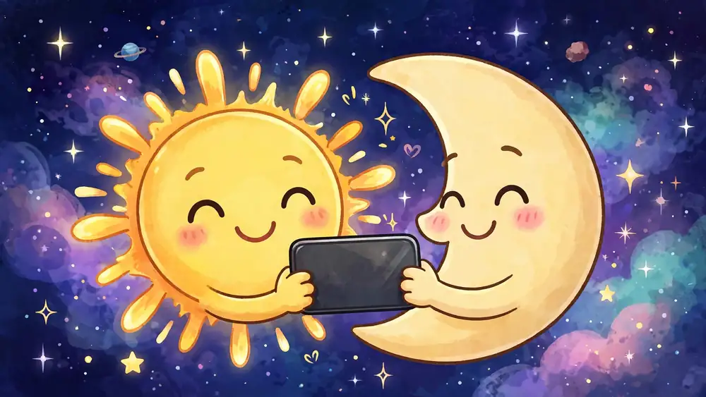 Cartoon sun and moon taking a selfie together in space — eclipse captions illustration
