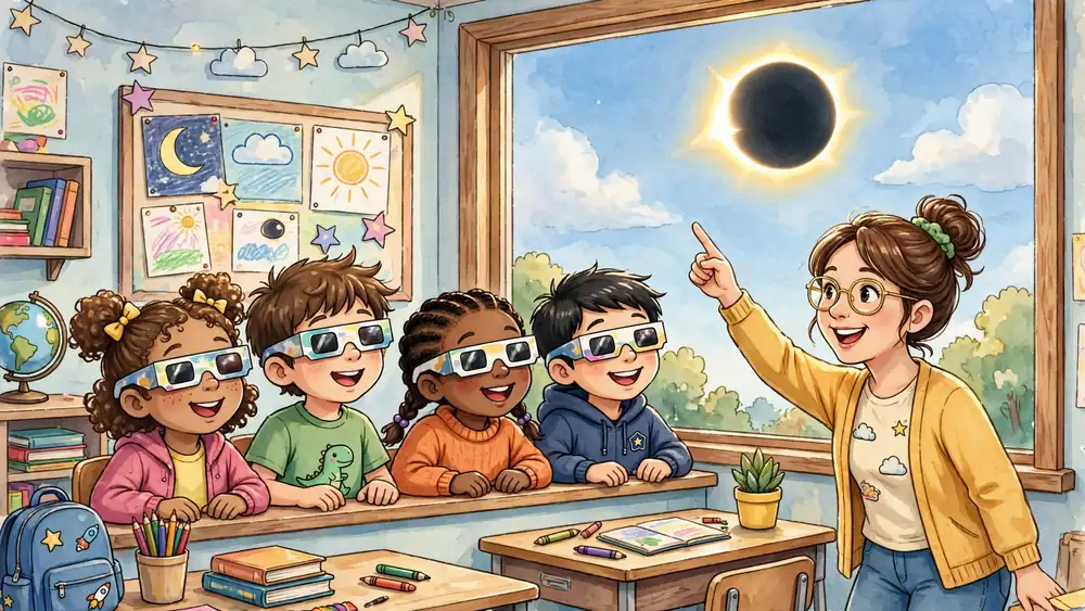 Cartoon school kids wearing eclipse glasses watching an eclipse from their classroom window — eclipse jokes for kids illustration
