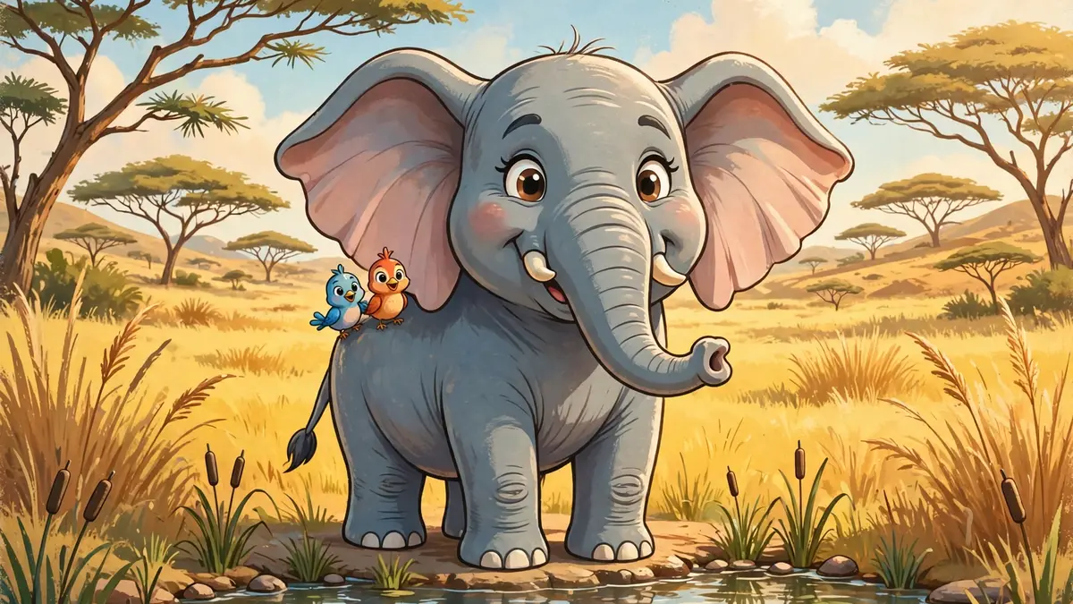 Cheerful cartoon elephant character standing at a sunny savanna waterhole — elephant puns illustration