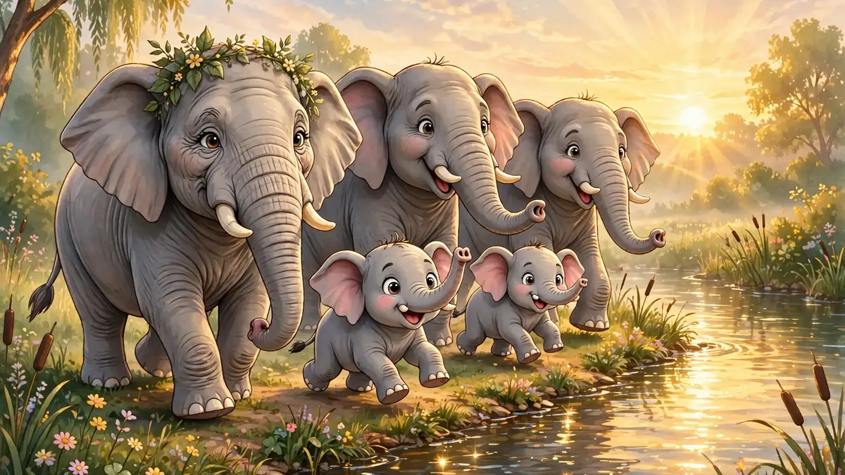 Cartoon elephant herd walking along a river at sunrise — classic elephant puns illustration