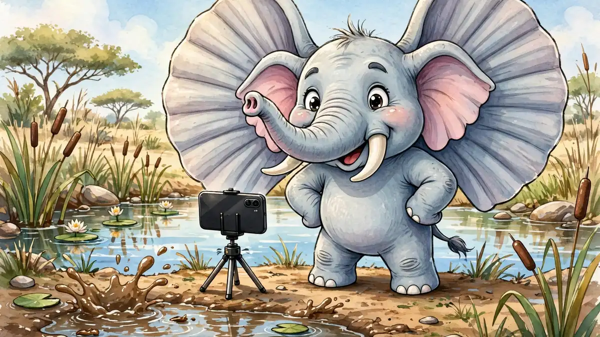 Cartoon elephant posing for a smartphone photo at the waterhole — elephant captions illustration