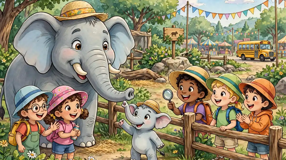 Cartoon elephant greeting happy school children on a zoo visit — elephant jokes for kids illustration